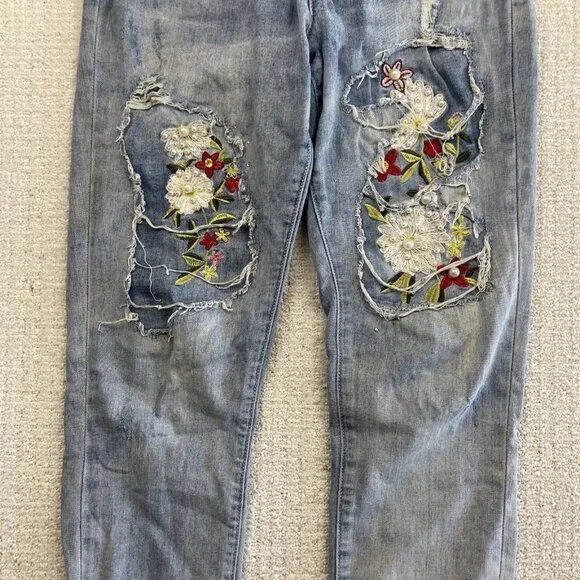Joseph Ribkoff Jeans Blue Floral / Pearl Embellished Distressed Women Read - Picture 3 of 13